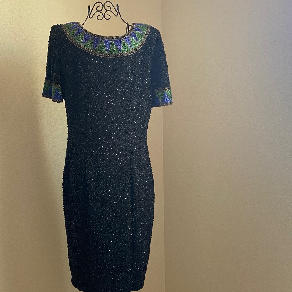 Niteline Black Silk Beaded Dress with Green & Blue Beaded Trim